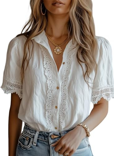 Dokotoo Dress Shirts for Women Blouses for Women Dressy Cotton Linen Button Down Shirts Short Sleeve Business Casual Flowy Boho Tops White Vacation Outfits Medium | Amazon (US)