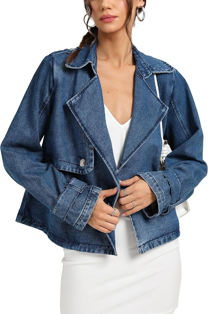 D-Sun Women Cropped Denim Jacket Short Jean Trench Coat V Neck Collared Long Sleeve Button Denim ... | Amazon (US)