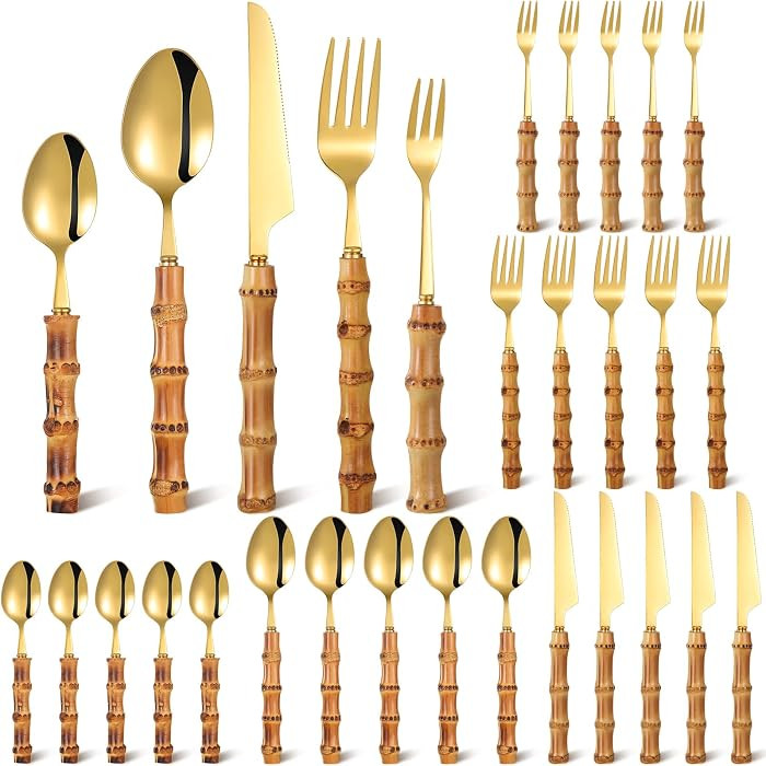 EBOOT 30 Pcs Bamboo Silverware Set 18/8 Stainless Steel Flatware Set | Amazon (US)