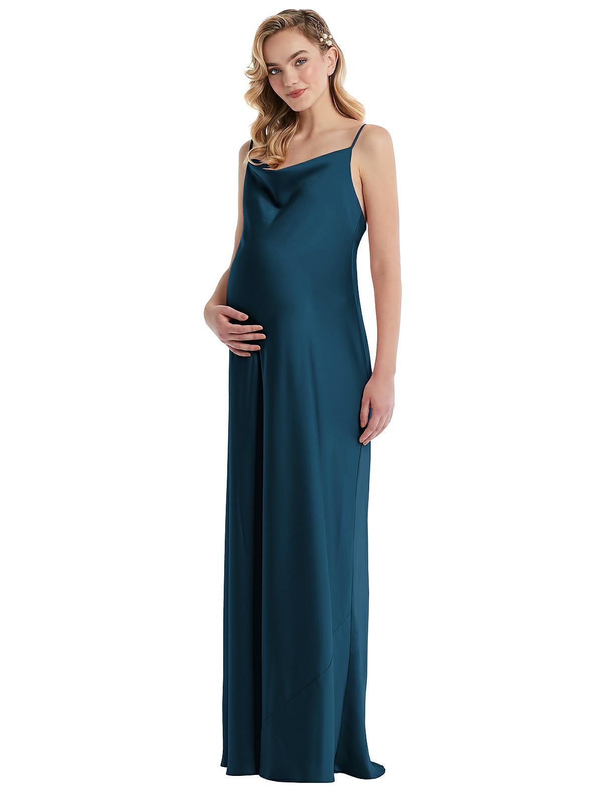 Cowl-Neck Tie-Strap Maternity Slip Dress in Atlantic Blue | The Dessy Group