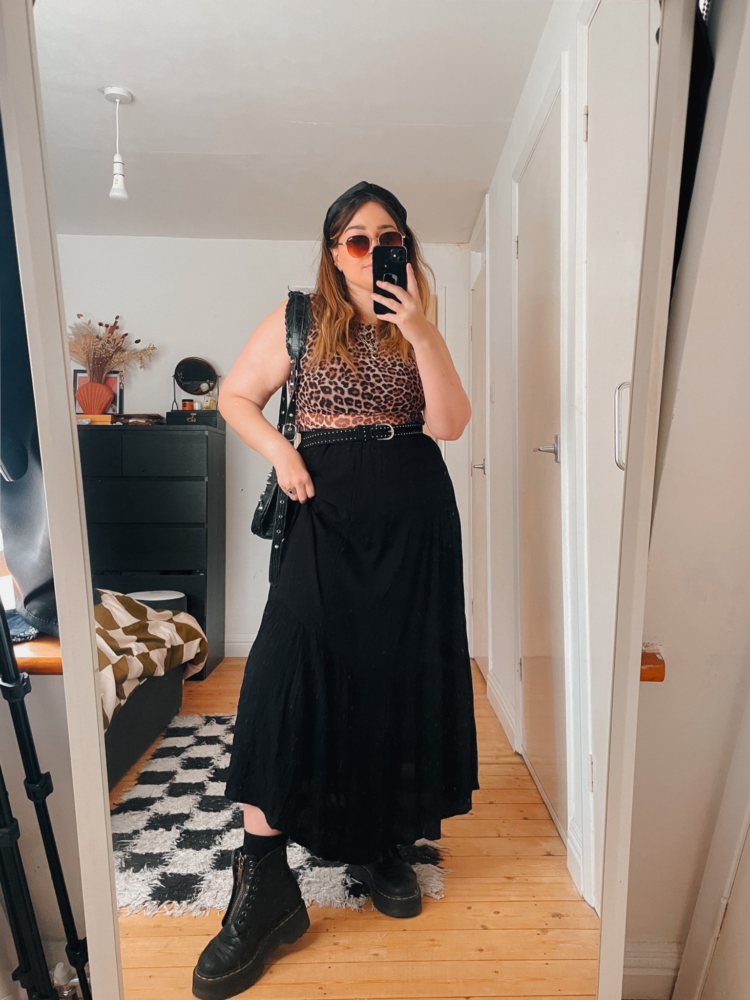 Leopard print top, black boho crinkle midi skirt, dr martens Sinclair boots. 

#LTKmidsize #LTKeurope #LTKuk