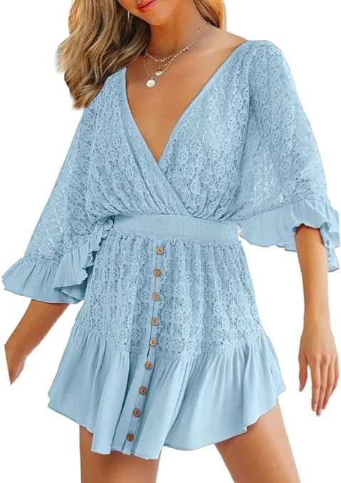 Aoysky Womens V Neck Beach Rompers Dresses Short Loose Ruffle Sleeve Jumpsuit Lace Casual Mini Ov... | Amazon (US)
