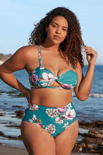 Blue Floral Cutout High Waisted Plus Size Bikini | Cupshe