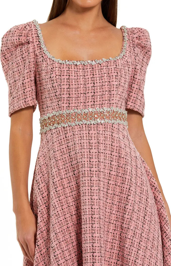 Mac Duggal Puff Sleeve Boucle Midi Dress With Beaded Belt | Nordstrom | Nordstrom