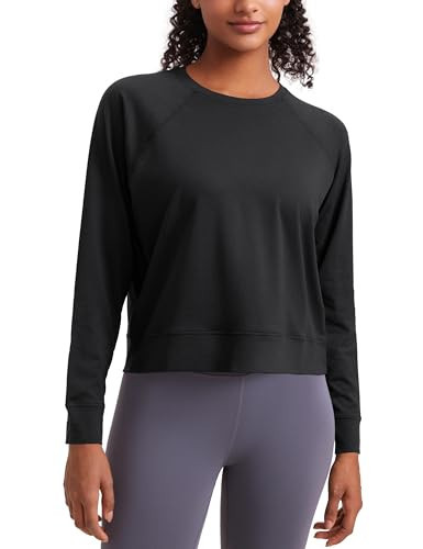 CRZ YOGA Lightweight Pullover Sweatshirt for Women Long Sleeve Soft Casual Crewneck Tops Basic Workout Fall Sweat Shirts Black X-Large | Amazon (US)