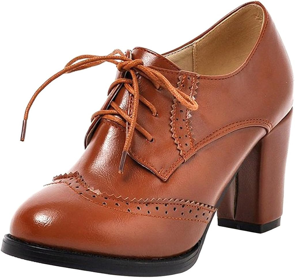 Dear Time Block Heels Wingtip Oxfords Vintage PU Leather Brogue Shoes Woman | Amazon (US)