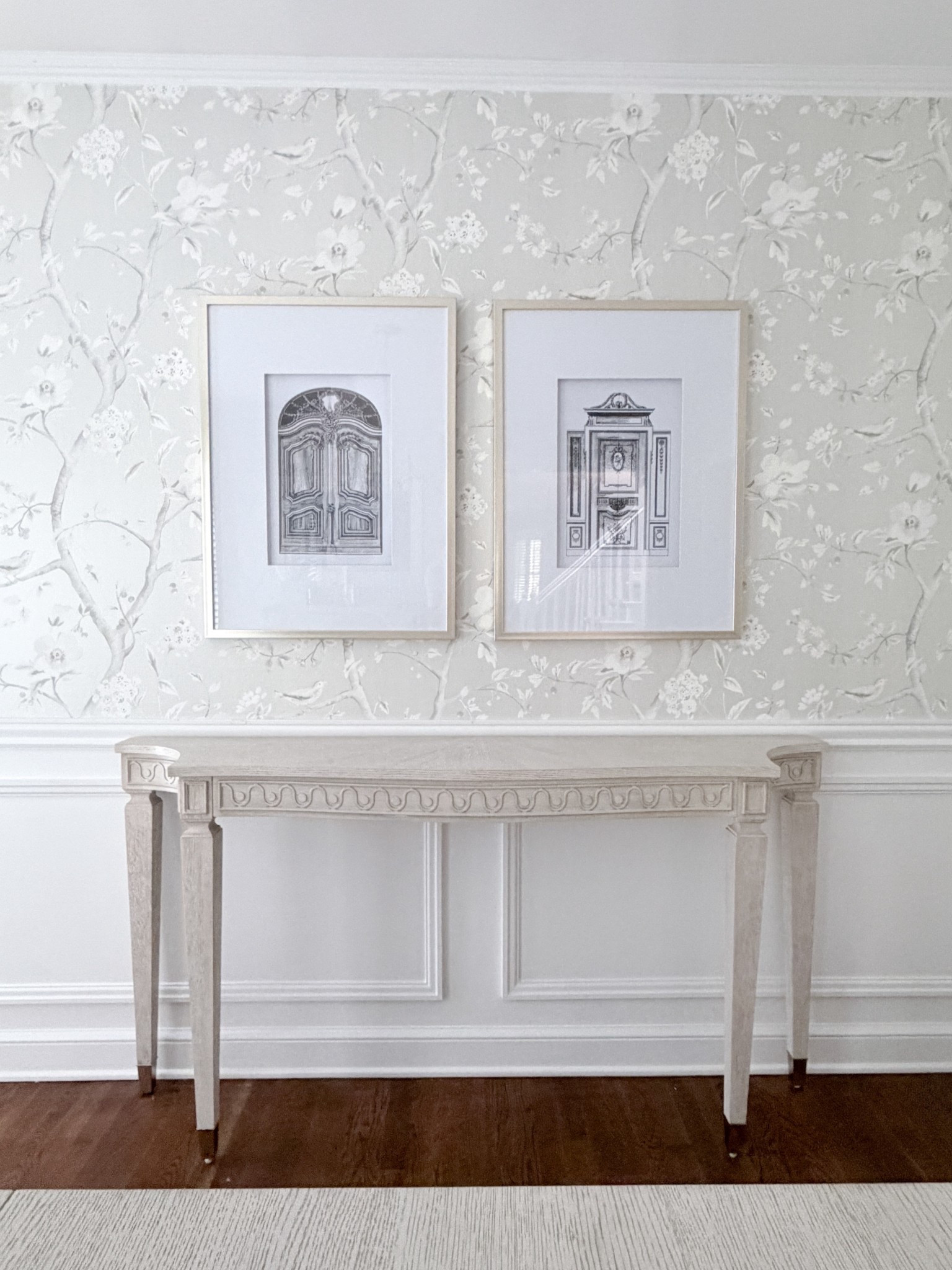 French inspired architecture line art work for formal dining room with monochromatic silver and gray chinoiserie wallpaper  

#LTKHome #LTKSeasonal #LTKSaleAlert