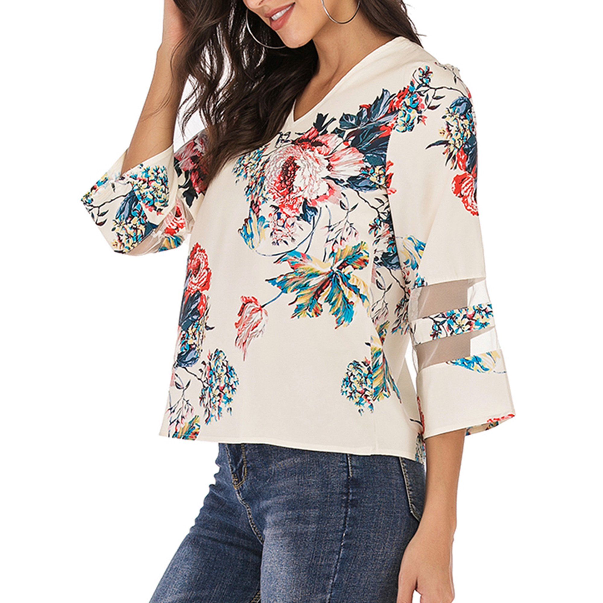SAYFUT Womens 3/4 Bell Sleeve Floral Print Tops V Neck Lace Patchwork Blouse Casual Loose Shirt T... | Walmart (US)