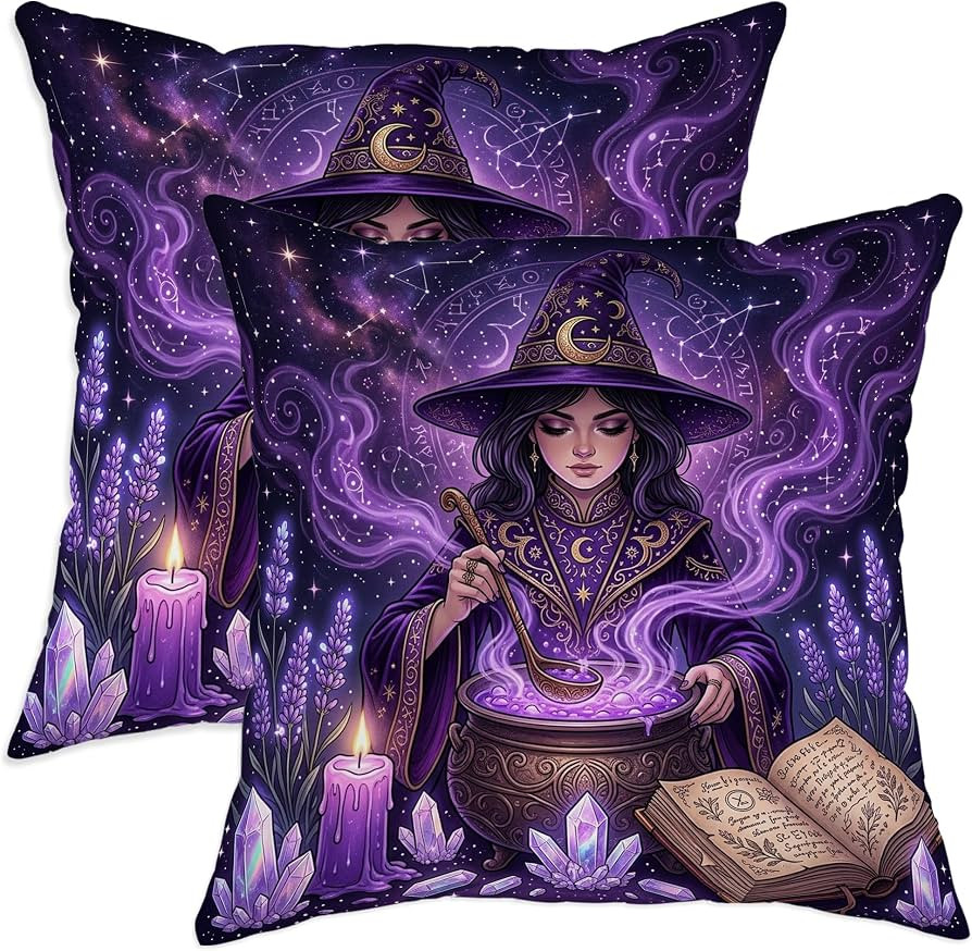 Witch Throw Pillow Covers Set of 2, Mystical Gothic Potion Candles Halloween Violet Soft Velvet W... | Amazon (US)