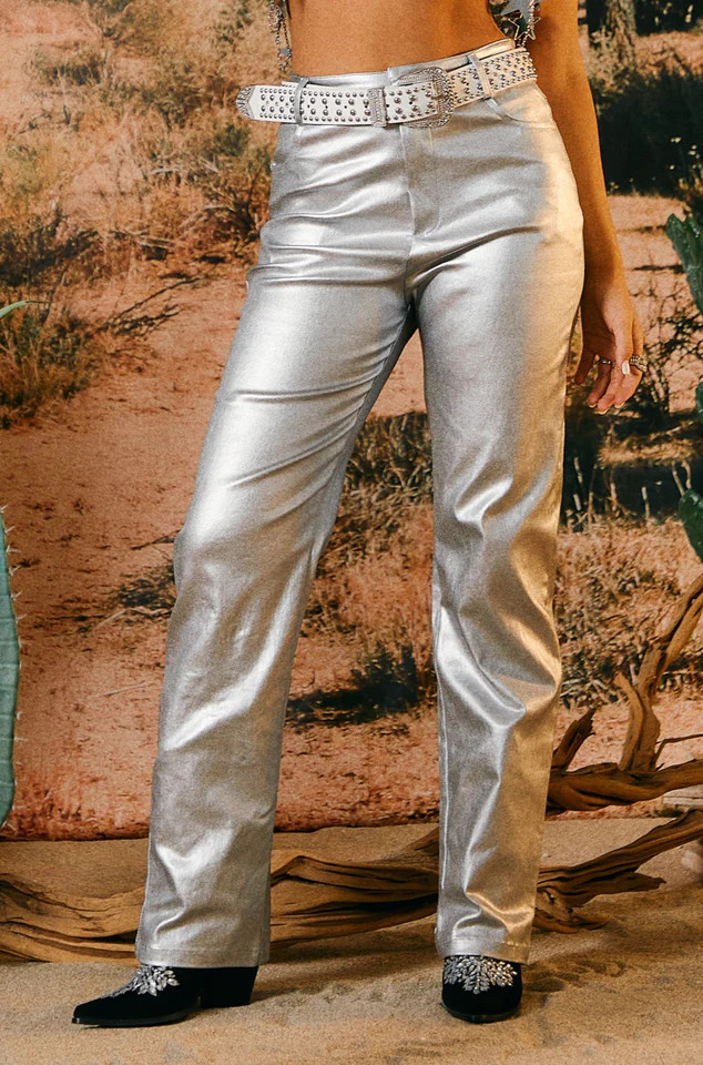 Miss Lola | Selene Silver Metallic Straight Leg Pant | MISS LOLA