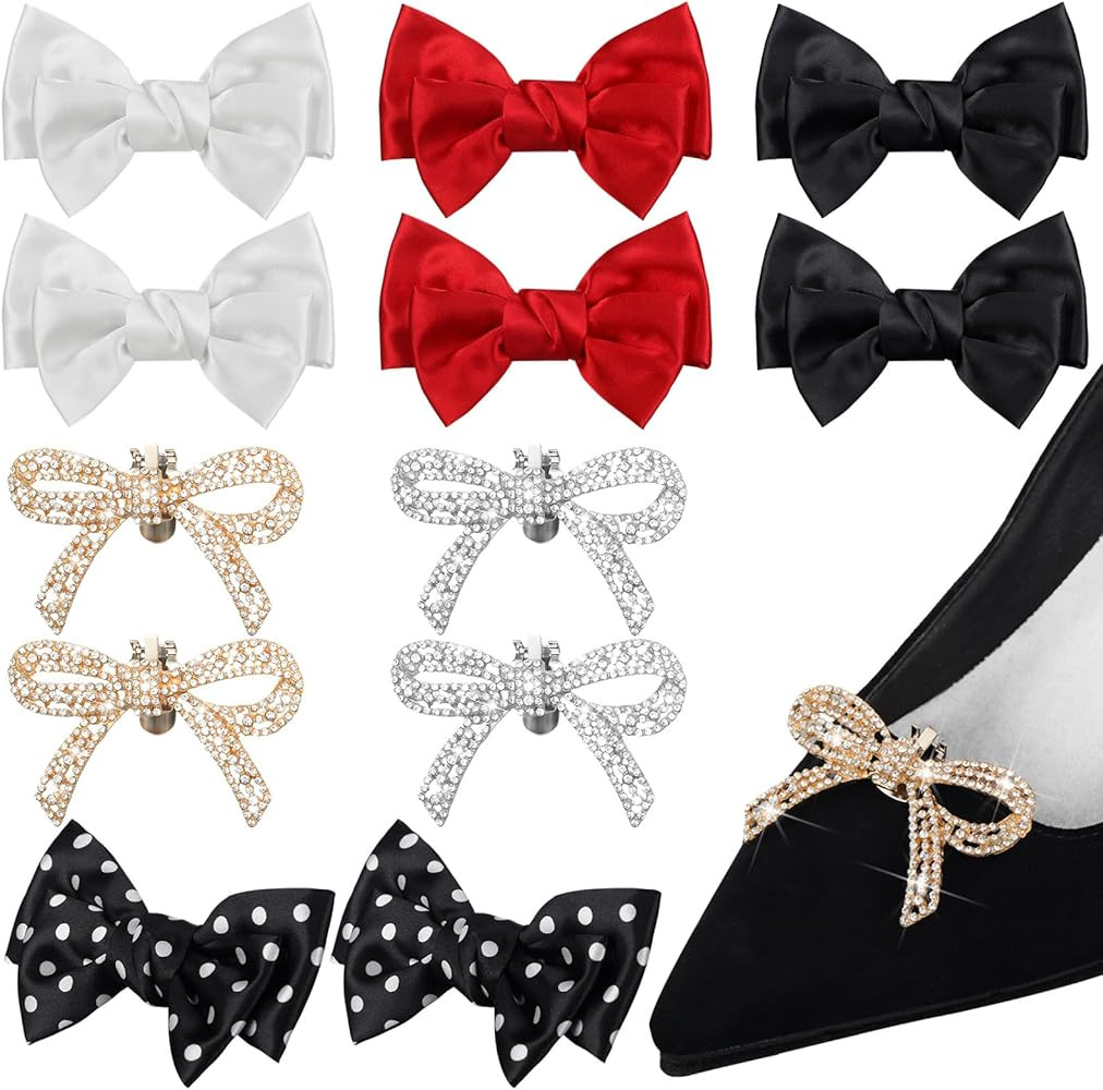 6 Pairs Bow Shoe Clips Rhinestone Satin Bow Shoe Buckle Solid Color Decorative Shoe Clips Removab... | Amazon (US)