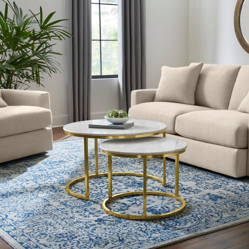 Cheval 2-Piece 31 in. Gold/Marble Medium Round Marble Coffee Table Set | The Home Depot