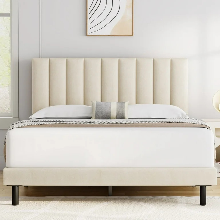Full Bed HAIIDE, Full Platform Bed Frame with Upholstered Headboard, Beige | Walmart (US)