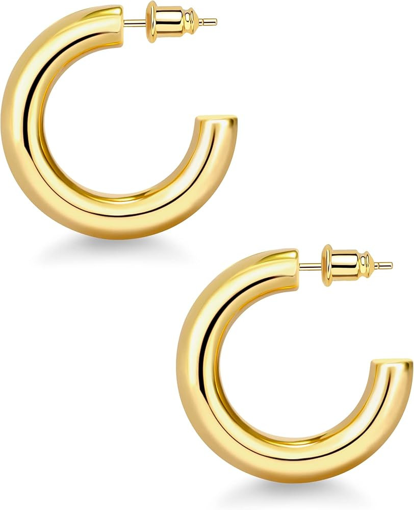 wowshow Chunky Gold Hoop Earrings, Small Gold Hoop Earrings for Women 14K Real Gold Plated Thick ... | Amazon (US)