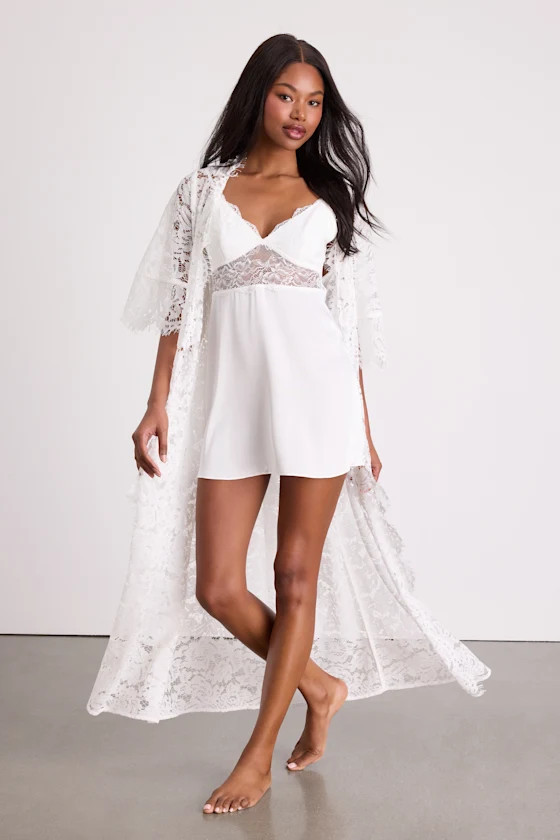 Brynn Ivory Sheer Eyelash Lace Long Robe | Lulus