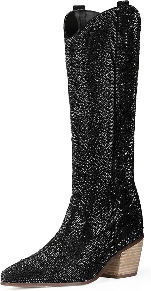 Women's Rhinestone Boots Western Mid Calf Pointed Toe Fashion Cowgirl Boots 5cm Chunky Stacked Heel  | Amazon (US)