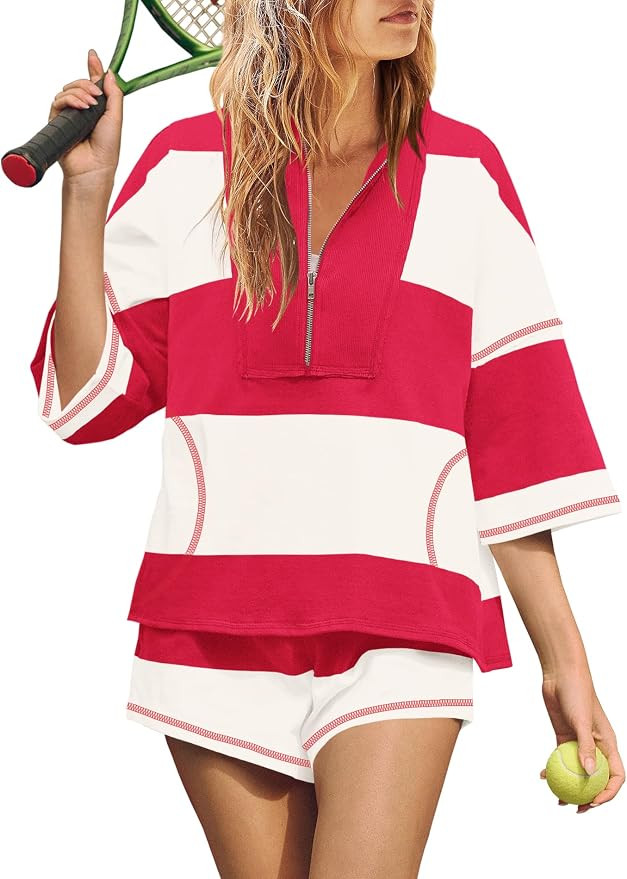 Yanekop Womens 2 Piece Outfits Summer Striped Lounge Set Two Piece Matching Workout Sets Oversize... | Amazon (US)