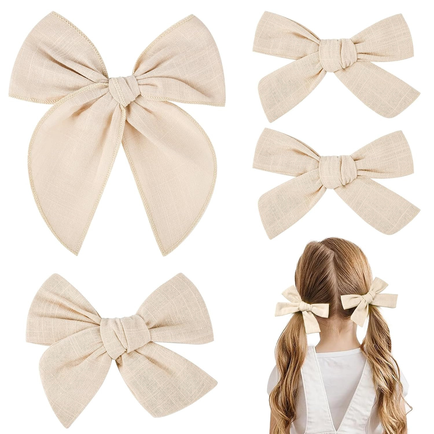 DEEKA 4 PCS Beige Cotton Linen Hair Bows 3 Styles 5" & 4" Handmade Hair Bow set for Toddler Girls Alligator Hair Clips Knot Bows Hair Accessories for Little School Girls (Beige) | Amazon (US)