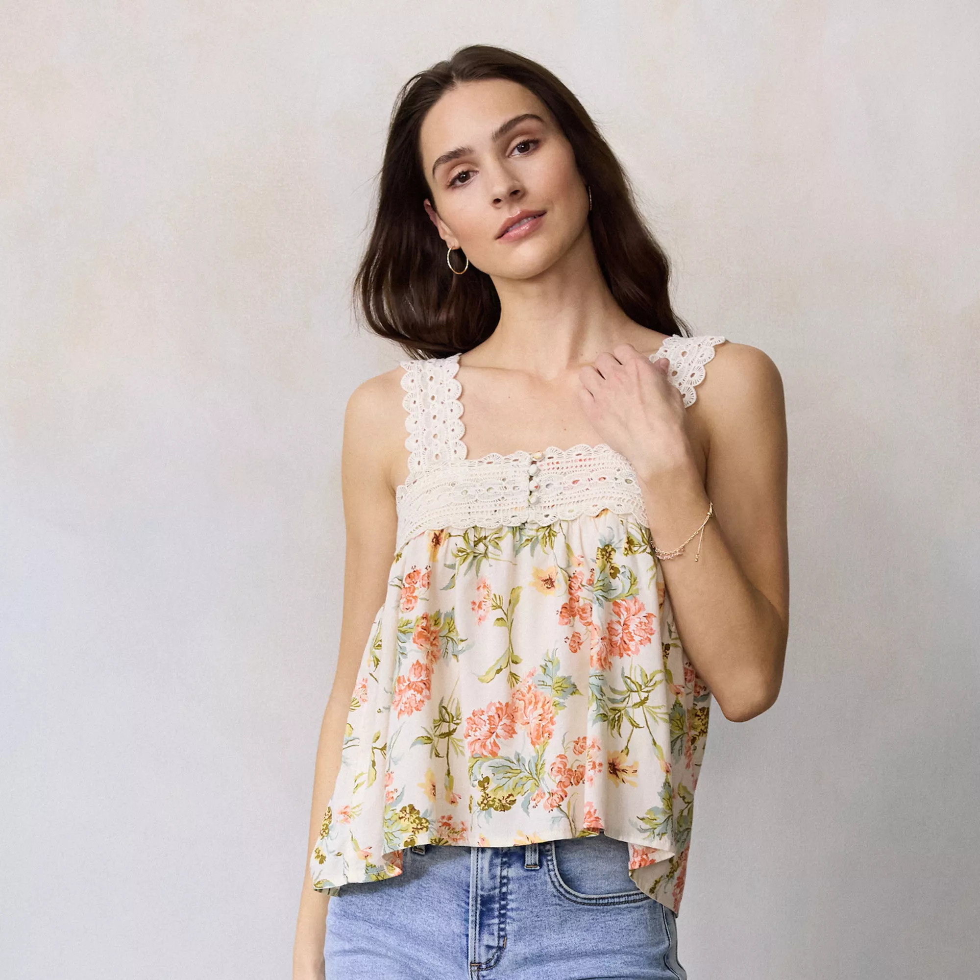 Women's LC Lauren Conrad Lace Trim Square Neck Tank Top | Kohl's