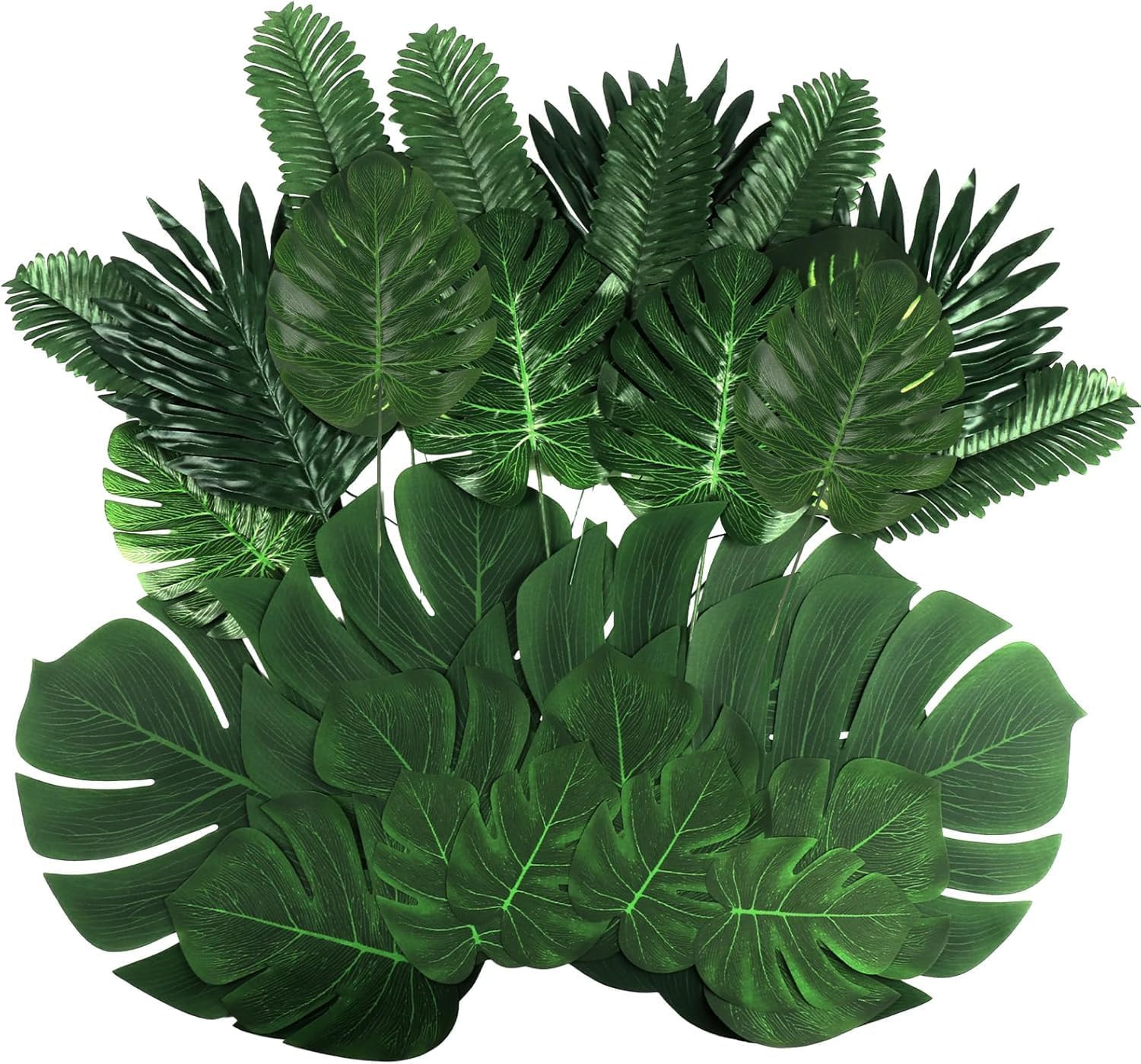 52Pieces 7Kinds Artificial Palm Leaves Tropical Leaves with Stems Jungle Leaves Decorations for Hawaiian Luau Party Beach Baby Shower Wedding Birthday | Amazon (US)