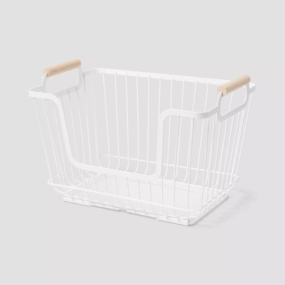 Metal Stackable Wire Pantry Basket with Rubber Wood Handle White - Brightroom™ | Target