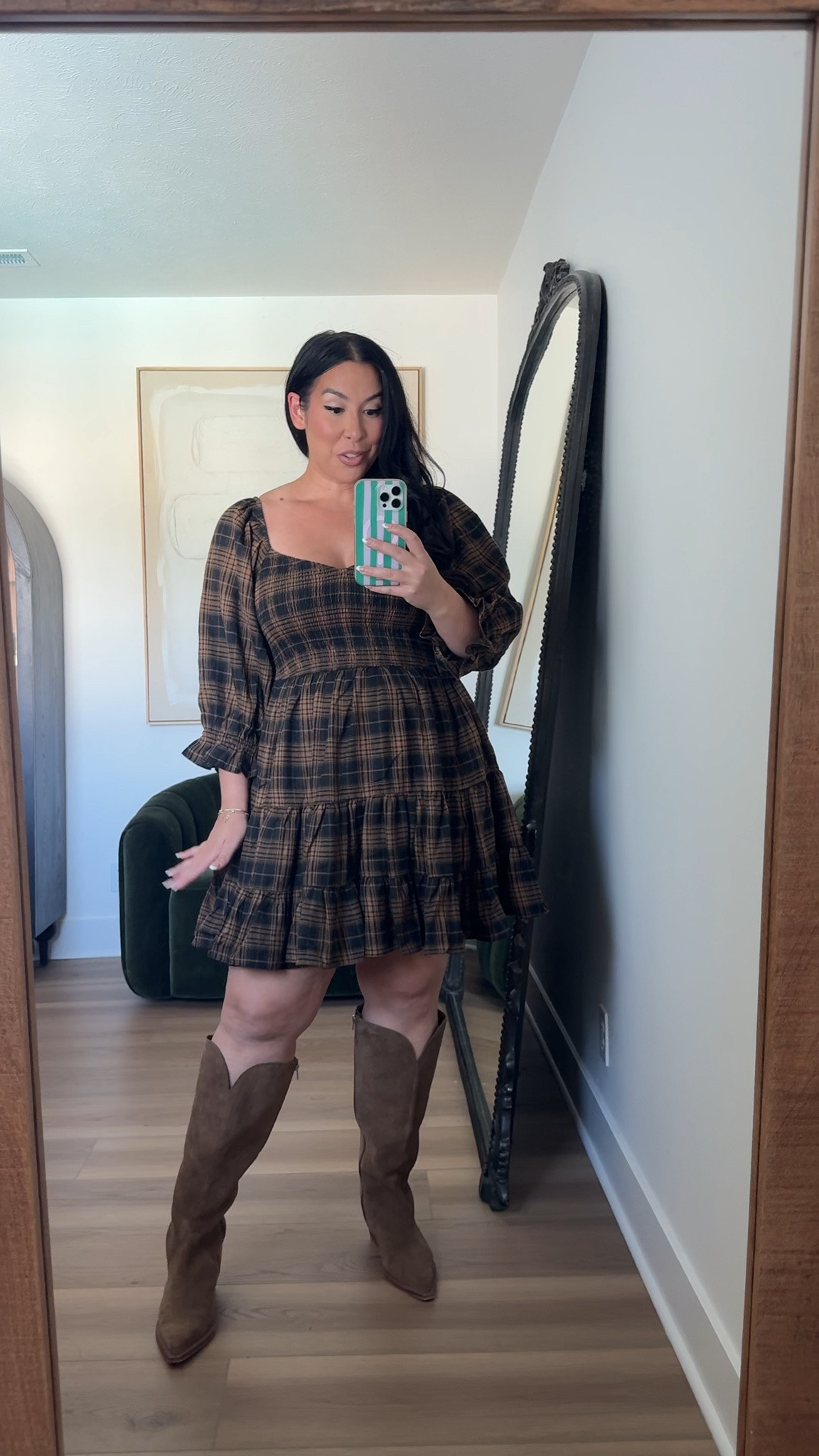 Obsessed with this dress! Soft belly, thick thigh friendly + this smocking is everything! Wearing an XL! lulus, plaid dress, fall style, fall fashion, midsize, curvy friendly 

 #LTKSeasonal #LTKMidsize