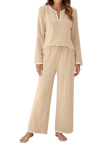 Blooming Jelly Womens 2 Piece Pajama Sets Cotton Matching Fleece Lounge Sets Fall Long Sleeve Sleepwear (XL, Beige) | Amazon (US)