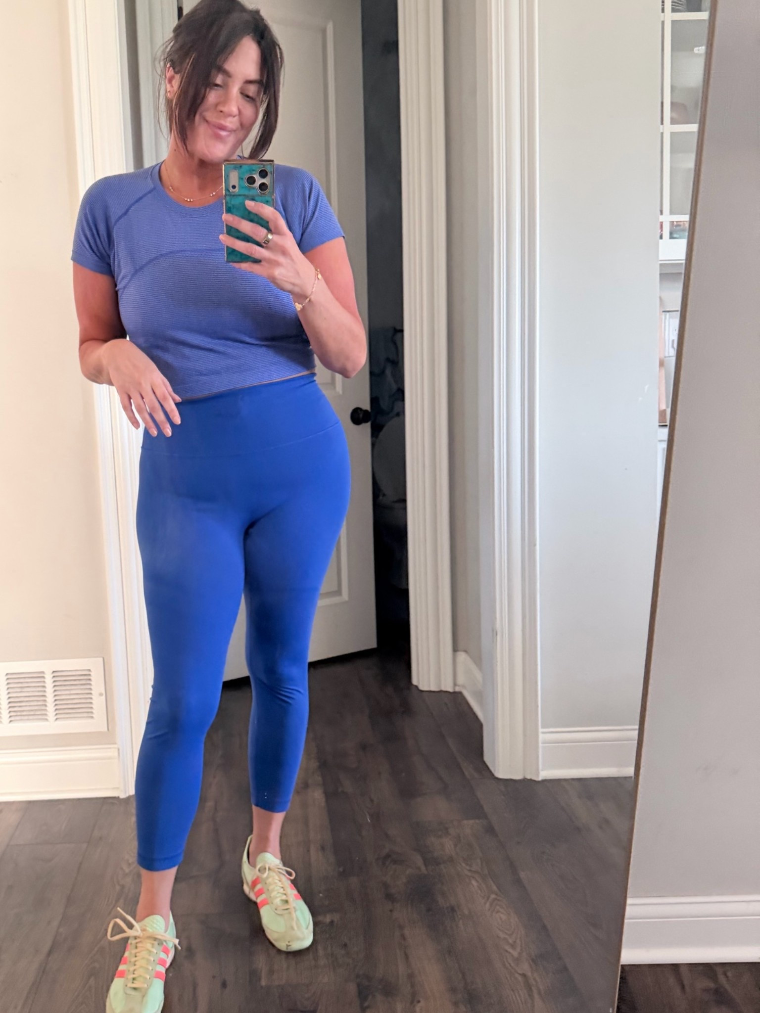 In a 12 top, 14 on bottom (the store suggested sizing up but I’d say take true size.)

Love the no line Wunder Trains. Has elastic waist adjuster too. Really nice and though any non black color shows sweat a little this one was not too bad and this material dries very quickly. 

Using the Forme bra and it did help me keep my shoulders back but not at recommending it just yet. I’ll keep trying it. 

Shoes are Adidas SL72 in green spark but they aren’t made anymore.

#LTKselfcare #LTKMidsize #LTKActive