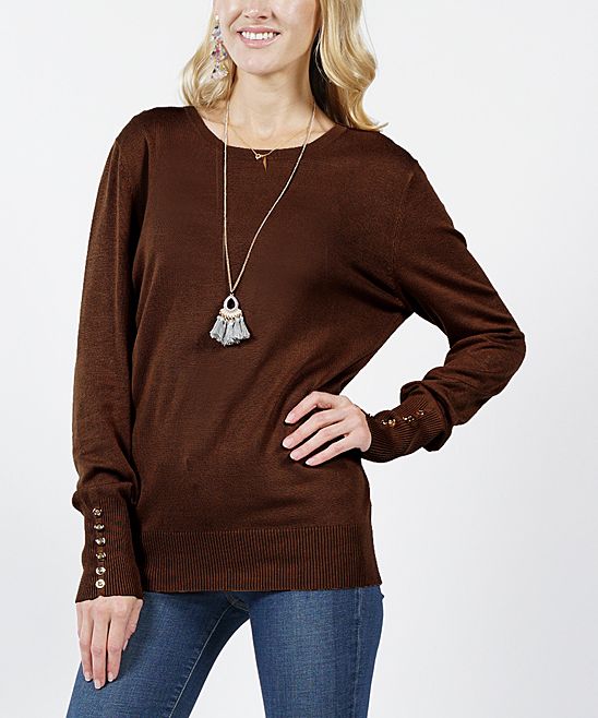 Brown Rose Gold Button-Accent Round Neck Sweater - Women | Zulily