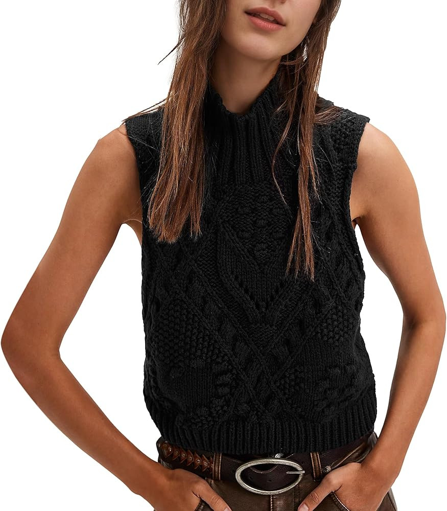Hixiaohe Turtleneck Crochet Sweater Vest Fall Fashion Knit Sleeveless Tank Tops for Women Lightwe... | Amazon (US)