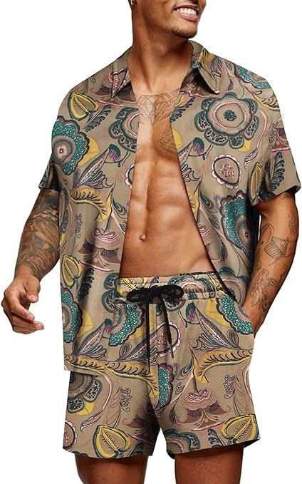COOFANDY Men's Hawaiian 2-Piece Short Set Cruise Wear Short Sleeve Button Down Shirts and Shorts | Amazon (US)
