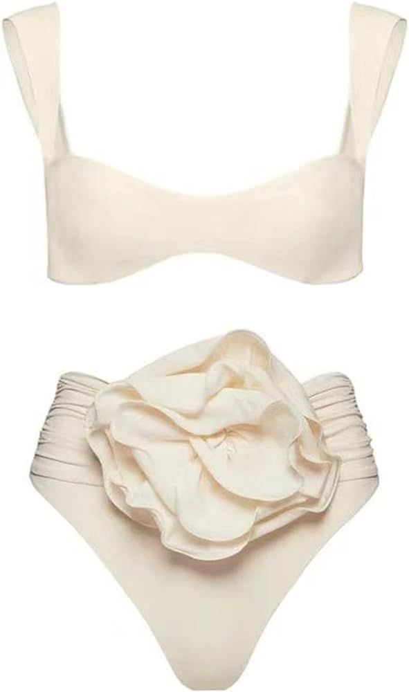 Women's Bikini Sets Two Piece Swimsuit Solid Scoop Neck Push Up Bikini Rose 3D Flower High Waist ... | Amazon (US)