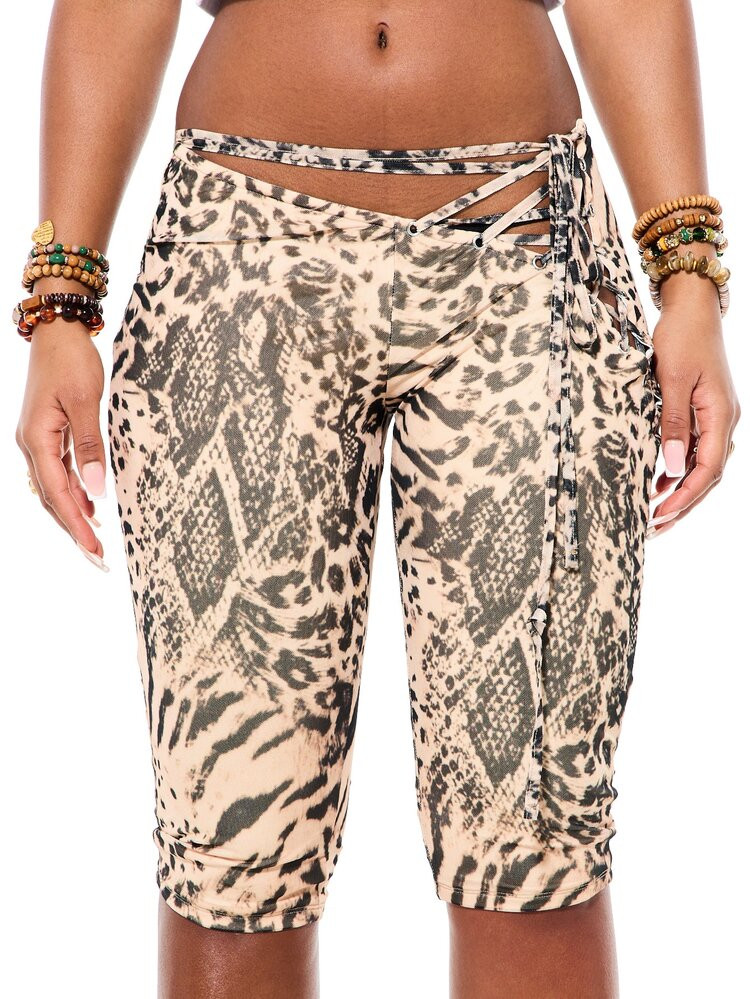SUMWON WOMEN Women Mixed Animal Snake Print Lace Up Side Tie Capri Leggings Cropped Stretch Fitte... | SHEIN