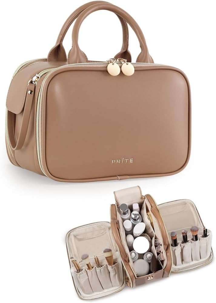 Prite Makeup Bag for Women, Large Capacity Waterproof Travel Cosmetic Organizer, Portable Open Fl... | Amazon (US)