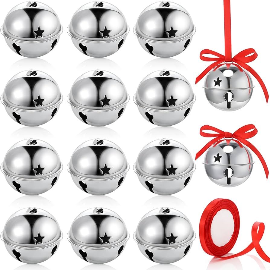 12 Pieces Large Size Christmas Bells 3.15 Inch Jumbo Bells Sleigh Bells Star Cutout Bells Ornamen... | Amazon (US)