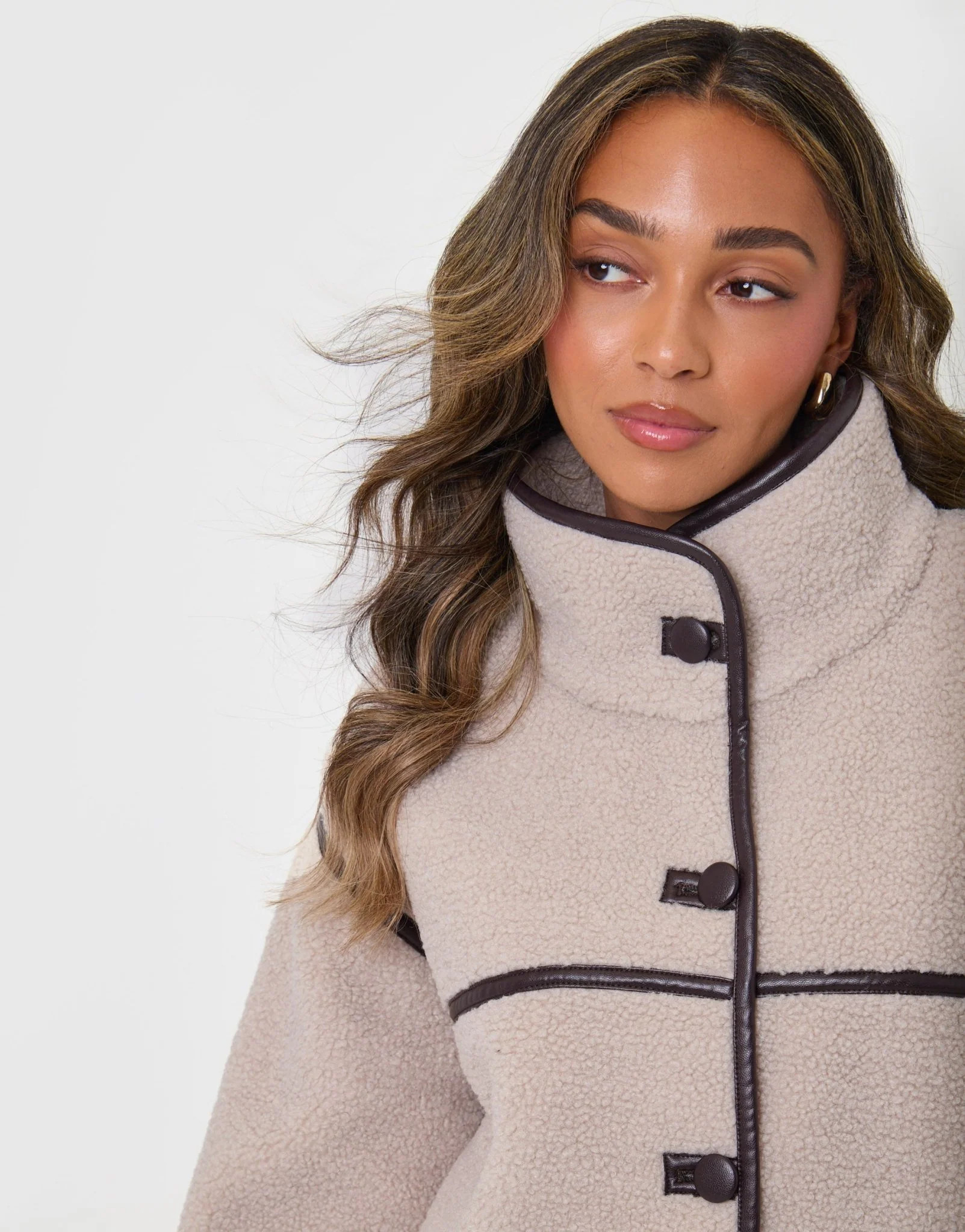 Tab Detail Funnel Neck Fleece in Mushroom Brown | Threadbare UK
