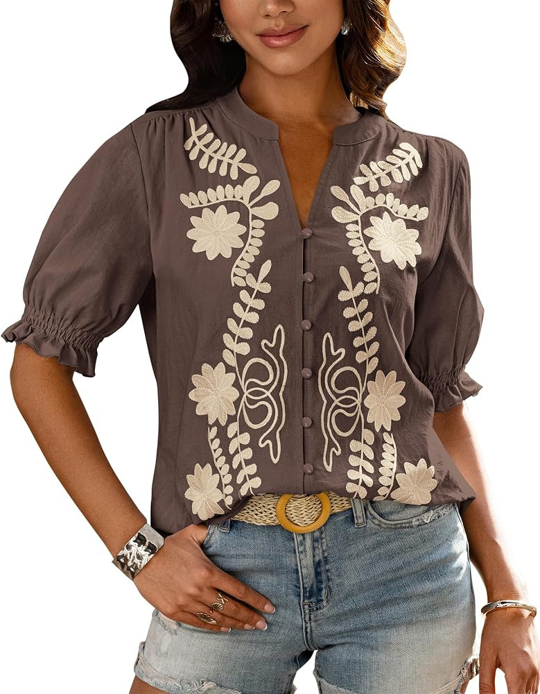 BTFBM Women's 2026 Summer Tops Dressy Casual Floral Boho Embroidered Blouse | Amazon (US)