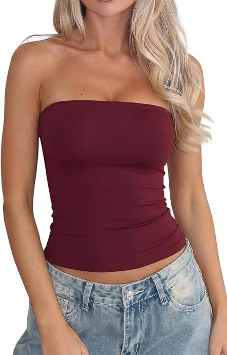 QINSEN Women's Tube Top Double Lined Strapless Bandeau Top Summer Slim Fit Going Out Tank Tops | Amazon (US)