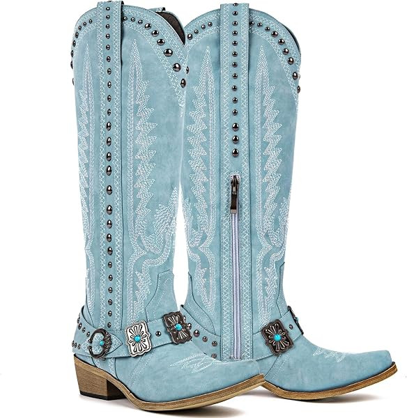 Yolkomo Cowboy Boots for Women Knee High Western Cowgirl Boots with Embroidery Belt Buckle Chains | Amazon (US)