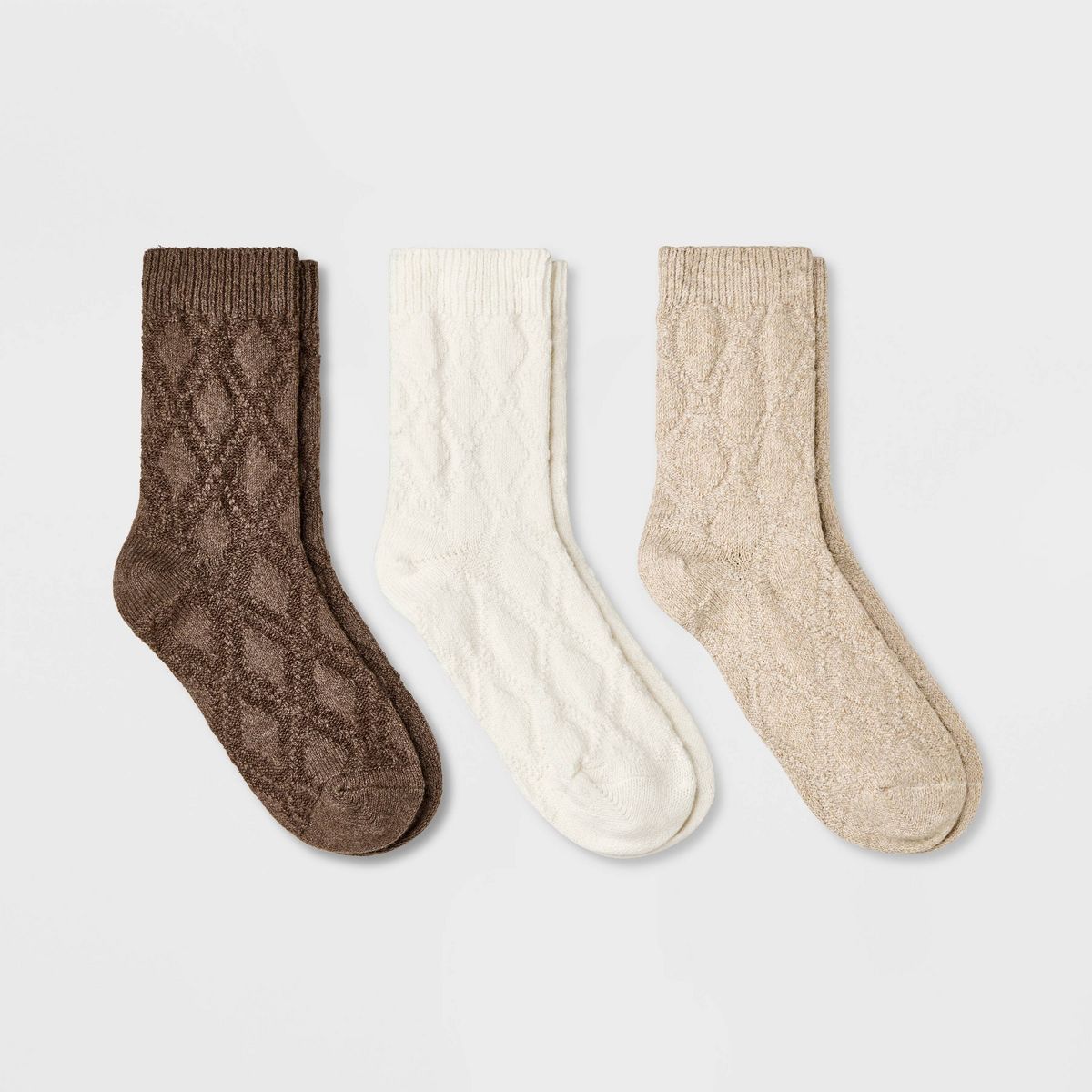 Women's 3pk Textured Argyle Crew Socks - Universal Thread™ Oatmeal/Cream/Brown 4-10 | Target