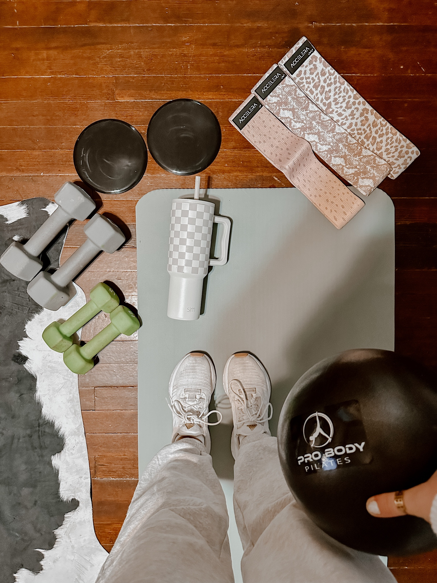 At home workout equiptment! At home Pilates workout gear! Cute 5 & 10lb dumbbells. Floor sliders. Squishy yoga Pilates mat comfortable in sage green. Cute animal print booty bands 3 strength levels. Checkered print tumbler 40oz with handle. Pilates ball with blow up pump

#LTKSeasonal #LTKhome #LTKfitness