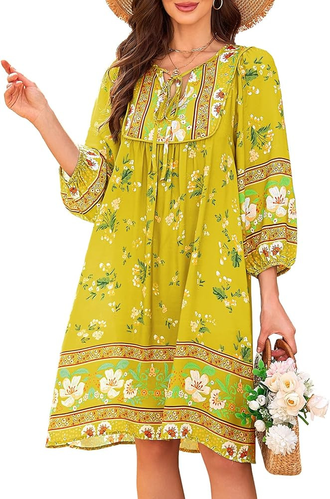 Qearal Women's Casual V Neck 3/4 Sleeve Boho Floral Printed Loose Short Flowy Summer Beach Vacati... | Amazon (US)