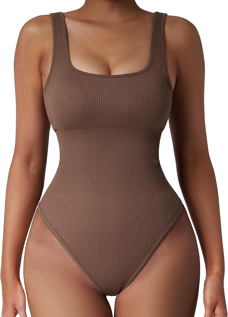 SUUKSESS Women Ribbed Sexy Bodysuit Sleeveless Square Neck Padded Tank Top | Amazon (US)