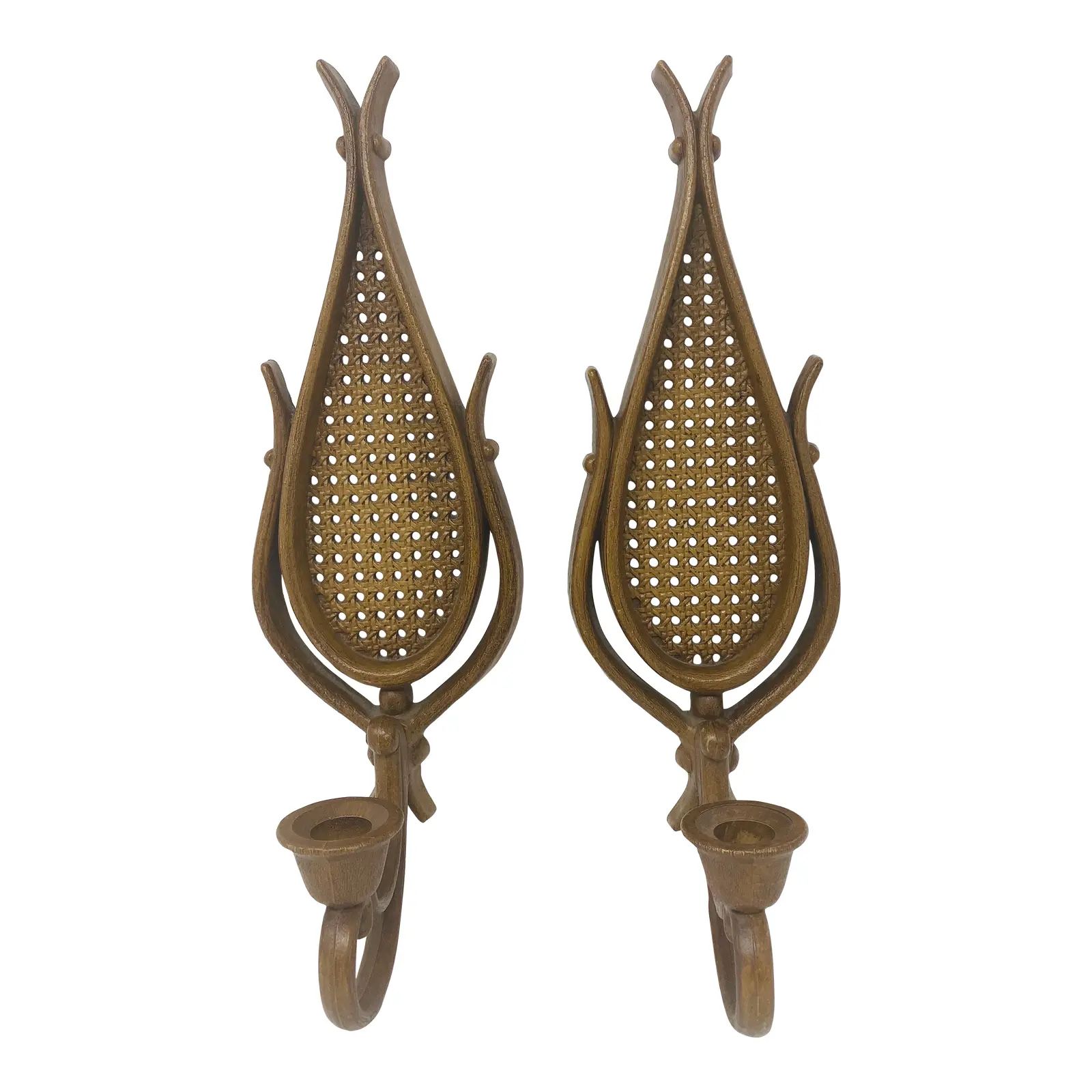 Vintage Homco Faux Wood and Caning Wall Candle Sconces- a Pair | Chairish