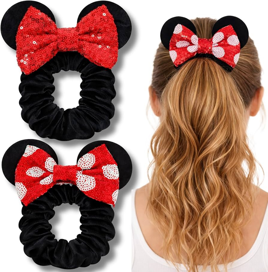 Styla Hair 2pk Mouse Ear Scrunchies for Kids Velvet Hair Bow Scrunchies for Women - Sparkle Sequi... | Amazon (US)