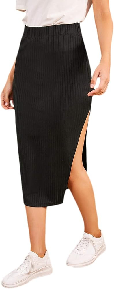 SheIn Women's Slit Midi Skirt Split Bodycon Pencil Ribbed Knit Midi Skirts | Amazon (US)