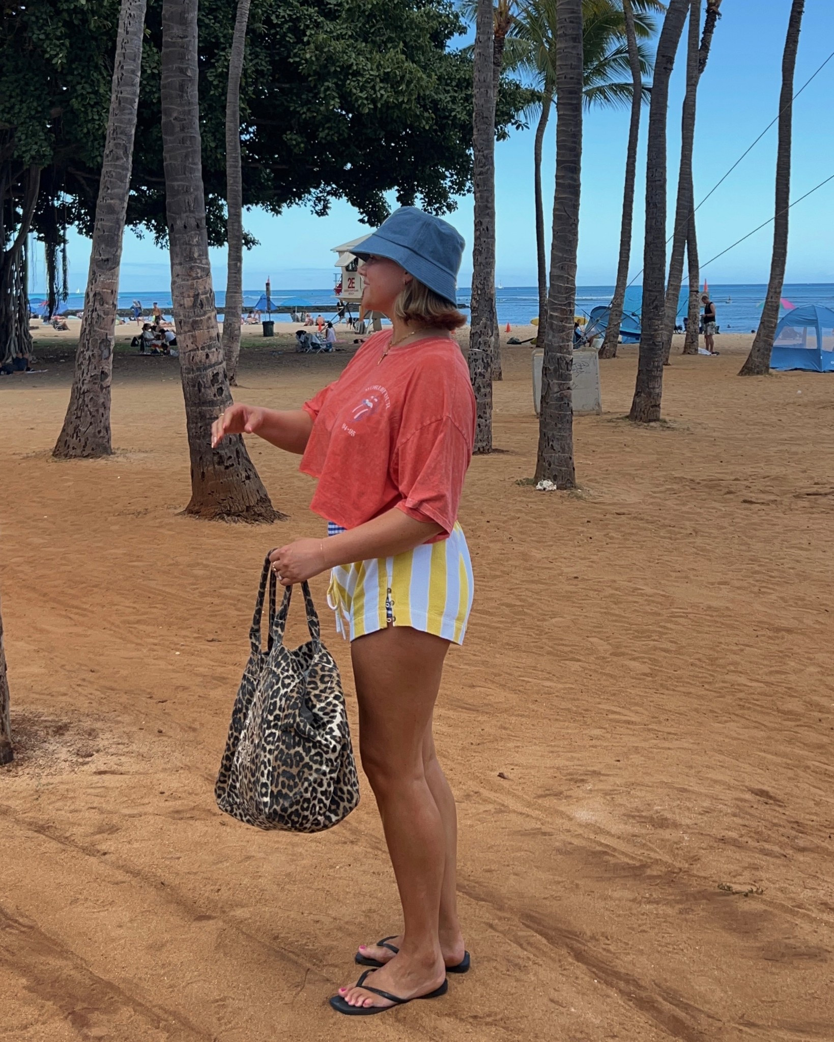 Size L in all swim tops and bottoms! Size XL in shorts I sized up for a super loose slouchy low rise fit and I cuff the top. Havianna sandals true to size! Tanning oil Is so good spf 30