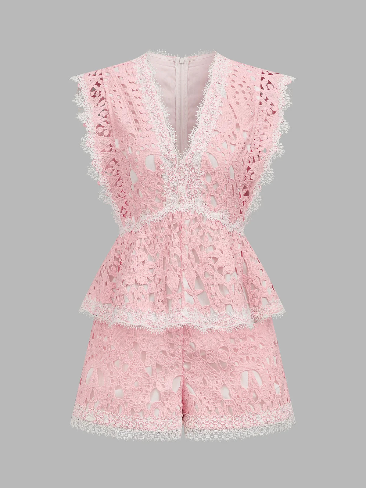 V-Neck Guipure Lace Peplum Top & Shorts Set | Commense
