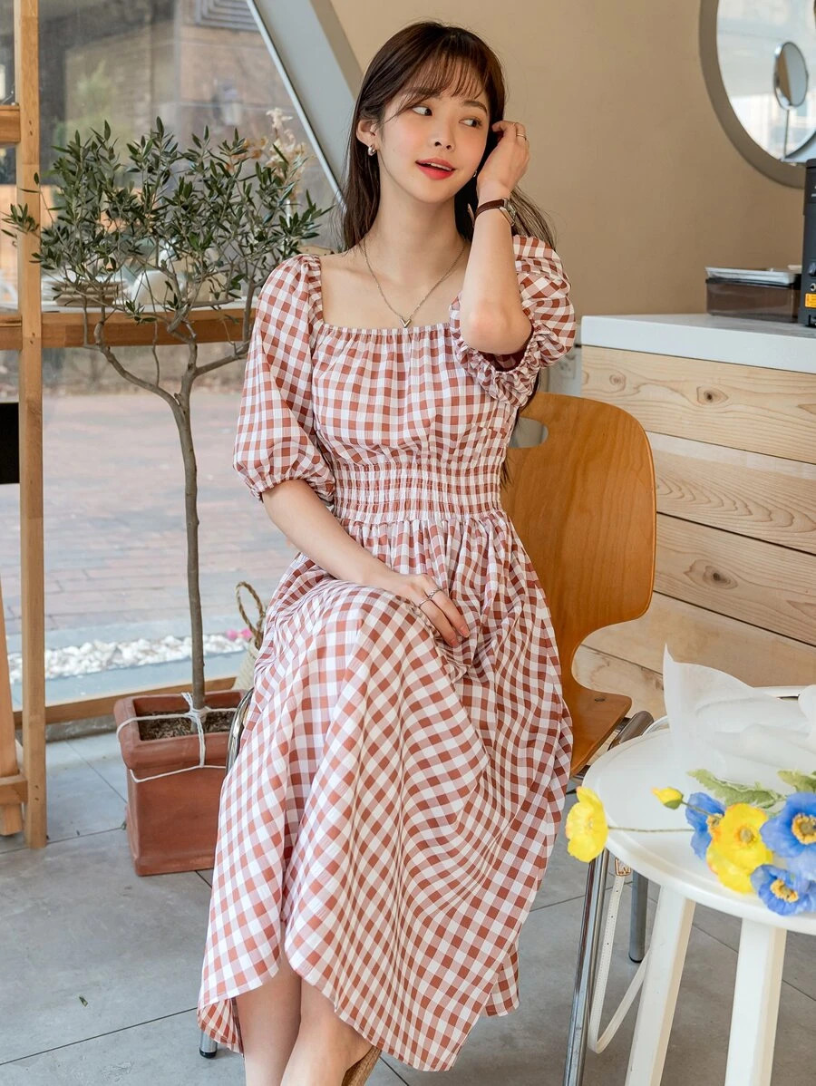 DAZY Gingham Square Neck A-line Dress | SHEIN