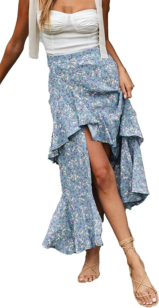 BTFBM Women Boho Floral Print Long Skirts Dress Chic High Low Side Split Ruffle Hem Elastic Waist Sw | Amazon (US)